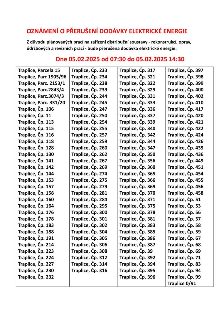 Oznámení o přerušení elektrické energie 5.2.2025