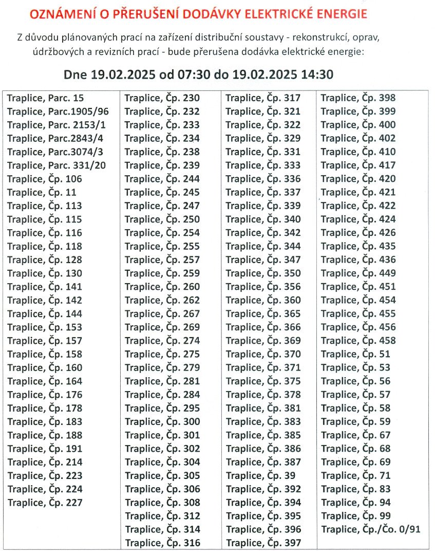 Oznámení o přerušení elektrické energie 19.2.2025